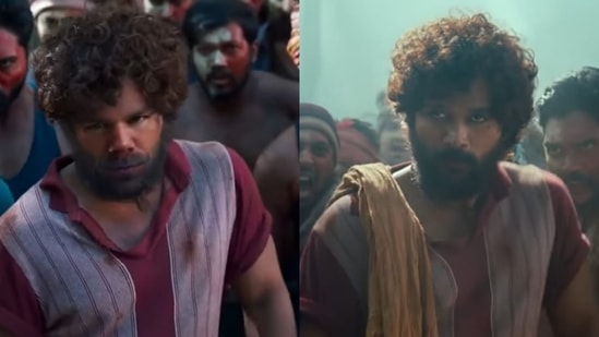 (Left) David Warner in a video he posted on Instagram and (right) Allu Arjun in Pushpa: The Rise.