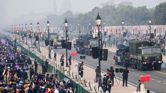 Army columns on display during the full dress rehearsal of the Republic Day parade at the Rajpath in New Delhi, Sunday.(PTI)