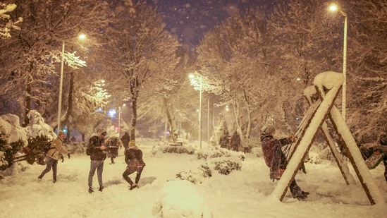 People throw snowballs at each other in the snow-covered park in Istanbul, Turkey, (AP)