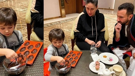 Kareena and Saif also accompanied Taimur for a baking session at their hotel. The couple kept an eye on the little one as he filled chocolate in tiny moulds.