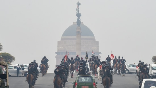 President's Bodyguard march during rehearsal for the Republic Day Parade 2022, in New Delhi on Monday.(PTI Photo)