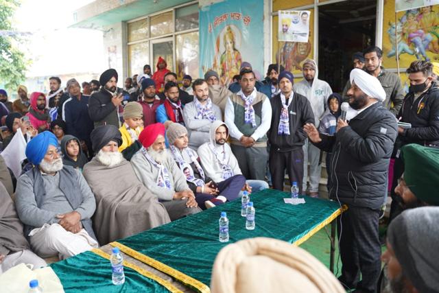 AAP MLA candidate from Mohali, Kulwant Singh, addressing residents on Tuesday.