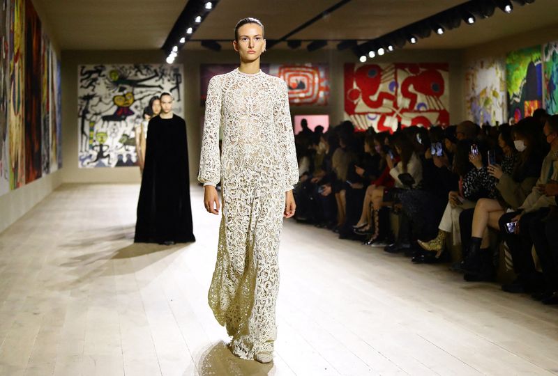 A model presents a creation by designer Maria Grazia Chiuri as part of her Haute Couture Spring-Summer 2022 collection show for fashion house Dior.&nbsp; (REUTERS)