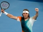 Stefanos Tsitsipas of Greece celebrates after defeating Jannik Sinner of Italy in their quarterfinal match at the Australian Open tennis championships in Melbourne, Australia. Stefanos Tsitsipas of Greece celebrates after defeating Jannik Sinner of Italy in their quarterfinal match at the Australian Open tennis championships in Melbourne, Australia.