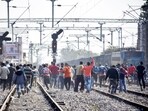 Aspirants block railway tracks during their protest over alleged erroneous results of Railway Recruitment Board's Non-Technical Popular Categories (RRB NTPC) exam 2021 in Prayagraj. (File Photo / PTI)