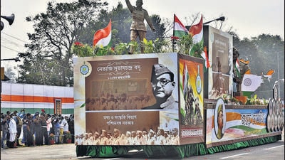 Kolkata, India - January 26, 2022: Netaji tableau (in the view of 125th birth anniversary of Netaji Subhas Chandra Bose) of West Bengal Government, which was rejected by Central Government for the parade at Rajpath in Delhi this year, during 73rd Republic Day event at Red Road in Kolkata, West Bengal, India on Wednesday, January 26, 2022. (Photo by Samir Jana/Hindustan Times) (Samir Jana/HT Photo) Kolkata, India - January 26, 2022: Netaji tableau (in the view of 125th birth anniversary of Netaji Subhas Chandra Bose) of West Bengal Government, which was rejected by Central Government for the parade at Rajpath in Delhi this year, during 73rd Republic Day event at Red Road in Kolkata, West Bengal, India on Wednesday, January 26, 2022. (Photo by Samir Jana/Hindustan Times) (Samir Jana/HT Photo)