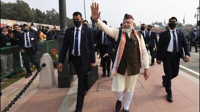 New Delhi, Jan 26 (ANI): Prime Minister Narendra Modi at Rajpath during the73rd Republic Day Celebrations, in New Delhi on Wednesday. (ANI Photo) (ANI)