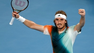 Stefanos Tsitsipas of Greece celebrates after defeating Jannik Sinner of Italy in their quarterfinal match at the Australian Open tennis championships in Melbourne, Australia. (AP) Stefanos Tsitsipas of Greece celebrates after defeating Jannik Sinner of Italy in their quarterfinal match at the Australian Open tennis championships in Melbourne, Australia. (AP)