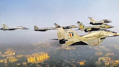 Aircraft in ‘Baaz’ formation during the 73rd Republic Day parade in New Delhi