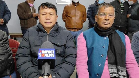 MLA Khumukcham Joykishan Singh, accompanied by his supporters, announced his decision to join the JD(U) during a press conference at his Khoyathong residence in Imphal, where JD (U) Lok Sabha MP Ramprit Mandal was also present. (HT Photo) MLA Khumukcham Joykishan Singh, accompanied by his supporters, announced his decision to join the JD(U) during a press conference at his Khoyathong residence in Imphal, where JD (U) Lok Sabha MP Ramprit Mandal was also present. (HT Photo)