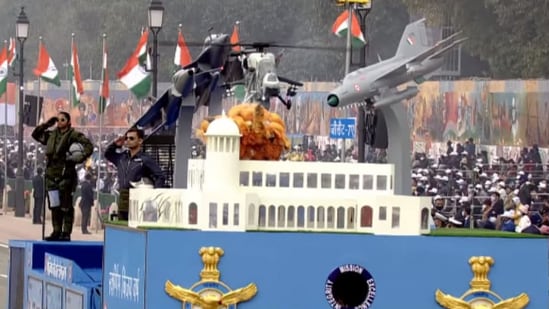 This year’s tableau for the IAF is titled as ‘Indian Air Force, Transforming for the Future. The tableau displayed the scaled down models of MiG-21, Gnat, Light Combat Helicopter and Rafale aircraft and the Aslesha radar, Air force(ANI)