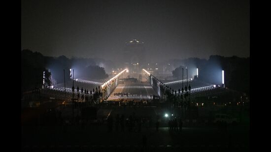 Illuminated Rajpath on the eve of Republic Day parade in New Delhi. (AFP)