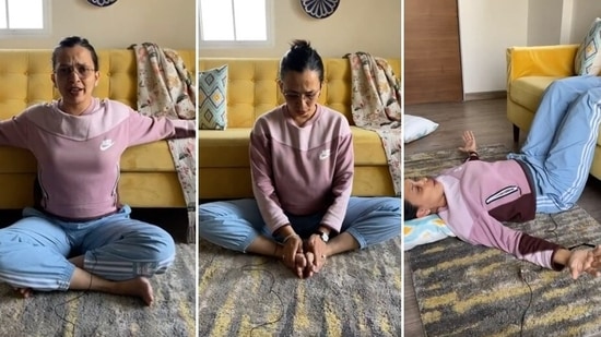 In her Week 4 workout, Rujuta Diwekar in a video demonstrates three easy asanas for recovery from aches, pains and PMS(Instagram/Rujuta Diwekar)