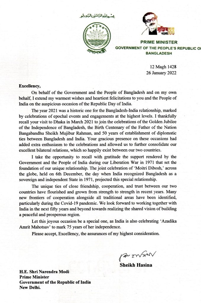 B'desh PM Hasina greets India on R-day, recalls Modi's visit to Dhaka last year B'desh PM Hasina greets India on R-day, recalls Modi's visit to Dhaka last year