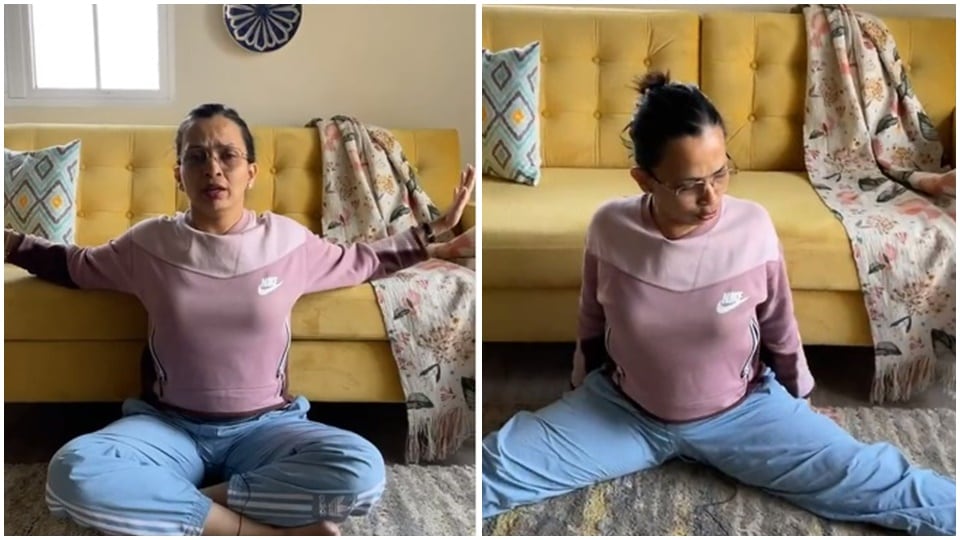 Lift one leg and put it on the side. Then lift the other one and you put it on the side. Lift one leg and put it on the side. Then lift the other one and you put it on the side.