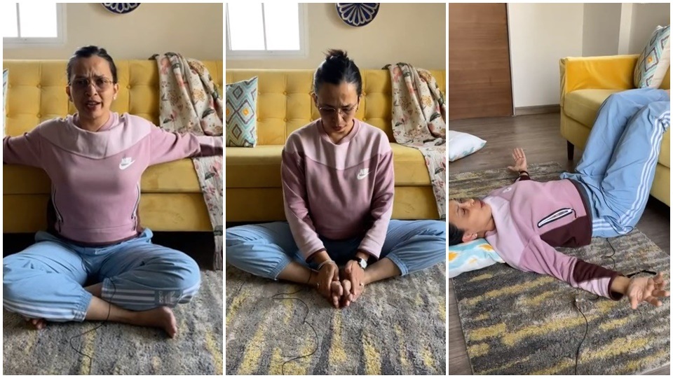 In her Week 4 workout, Rujuta Diwekar in a video demonstrates three easy asanas for recovery from aches, pains and PMS (Instagram/Rujuta Diwekar) In her Week 4 workout, Rujuta Diwekar in a video demonstrates three easy asanas for recovery from aches, pains and PMS (Instagram/Rujuta Diwekar)