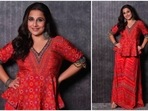 Vidya Balan, the queen of ethnic fashion, recently took to her Instagram handle to share a series of photos of herself wearing a rogan red printed peplum set.(Instagram/@vidyabalan)