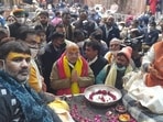 Home Minister Amit Shah offered prayers at the Shri Banke Bihari Mandir in Vrindavan on Thursday. He will also be attending various events in Mathura and Gautam Buddh Nagar, as part of campaigning for the Uttar Pradesh Assembly polls.(HT Photo/Hemendra Chaturvedi)