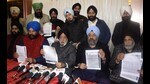 Former Delhi Sikh Gurdwara Management Committee (DSGMC) presidents Paramjit Singh Sarna, Manjit Singh GK and others during a press conference in Amritsar.