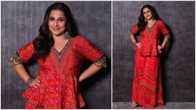 Vidya Balan, the queen of ethnic fashion, recently took to her Instagram handle to share a series of photos of herself wearing a rogan red printed peplum set. (Instagram/@vidyabalan) Vidya Balan, the queen of ethnic fashion, recently took to her Instagram handle to share a series of photos of herself wearing a rogan red printed peplum set. (Instagram/@vidyabalan)