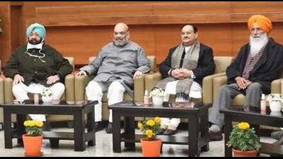 (From left) Former CM Capt Amarinder Singh, the founder of the Punjab Lok Congress, with Union home minister Amit Shah, BJP national president JP Nadda and Shiromani Akali Dal (Sanyukt) chief Sukhdev Singh Dhindsa in New Delhi earlier this week. (HT file photo) (From left) Former CM Capt Amarinder Singh, the founder of the Punjab Lok Congress, with Union home minister Amit Shah, BJP national president JP Nadda and Shiromani Akali Dal (Sanyukt) chief Sukhdev Singh Dhindsa in New Delhi earlier this week. (HT file photo)