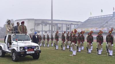 Minister Randeep Singh Nabha was accompanied by deputy commissioner Varinder Kumar Sharma and commissioner of police Gurpreet Singh Bhullar at Guru Nanak Stadium, Ludhiana, on Republic Day. (Gurpreet Singh/HT) Minister Randeep Singh Nabha was accompanied by deputy commissioner Varinder Kumar Sharma and commissioner of police Gurpreet Singh Bhullar at Guru Nanak Stadium, Ludhiana, on Republic Day. (Gurpreet Singh/HT)