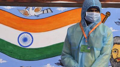 A civil defence health worker at the ceremonial Rajpath boulevard during India's Republic Day celebrations in New Delhi on Wednesday. (AP) A civil defence health worker at the ceremonial Rajpath boulevard during India's Republic Day celebrations in New Delhi on Wednesday. (AP)