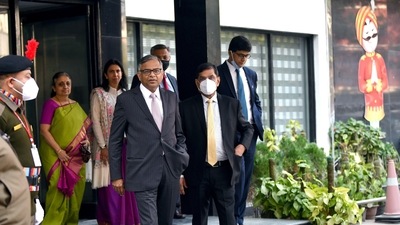 Chairman of Tata Sons N Chandrasekaran comes after the meeting at Air India office in New Delhi. Chairman of Tata Sons N Chandrasekaran comes after the meeting at Air India office in New Delhi. 