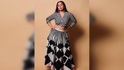 Rocking the contemporary lehenga look, Vidya Balan posed in a black and white blouse and lehenga set in an earlier photoshoot. (Instagram/@vidyabalan) Rocking the contemporary lehenga look, Vidya Balan posed in a black and white blouse and lehenga set in an earlier photoshoot. (Instagram/@vidyabalan)