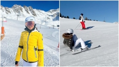Samantha Ruth Prabhi fell of her skis. Samantha Ruth Prabhi fell of her skis.