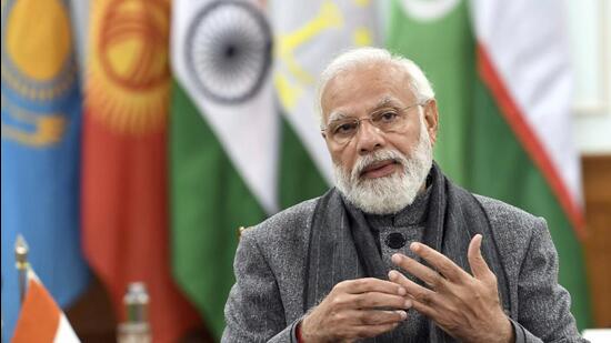 Prime Minister Narendra Modi speaks during a virtual meeting with leaders of central Asian countries, in New Delhi, on Thursday. (AP)