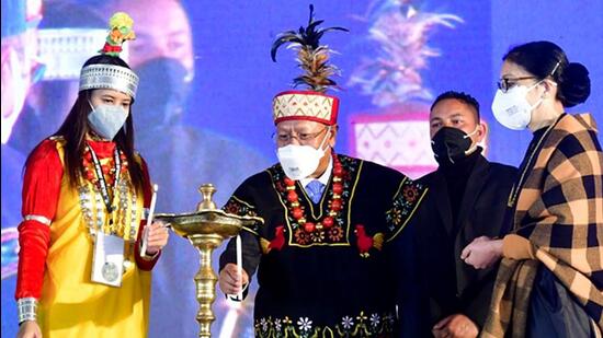 Meghalaya deputy CM Prestone Tynsong lights a lamp at the golden jubilee celebrations of Meghalaya’s statehood, at the Jawaharlal Nehru Stadium in Shillong on Saturday. (ANI) Meghalaya deputy CM Prestone Tynsong lights a lamp at the golden jubilee celebrations of Meghalaya’s statehood, at the Jawaharlal Nehru Stadium in Shillong on Saturday. (ANI)