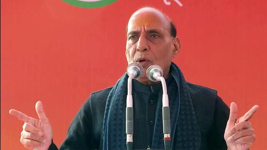 Union defence minister Rajnath Singh addressing 'Matadata Samvad' event, in Modinagar on Thursday. He said that the Jat community cannot remain annoyed with the BJP. (ANI)