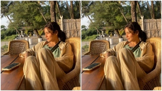 Dressed to chill, Neha paired a comfy set of trousers with an oversized shirt as she posed for sister Aisha Sharma's camera.(Instagram/@nehasharmaofficial)