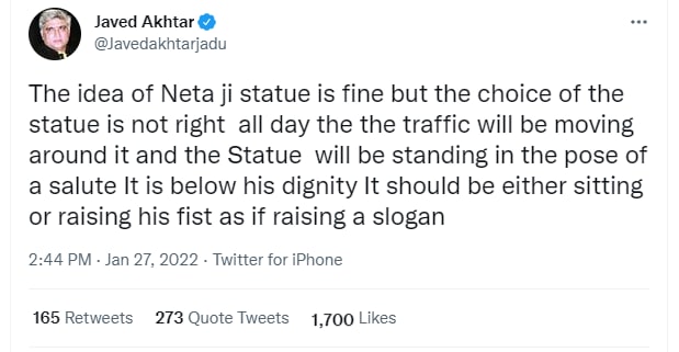 Javed Akhtar reacciona al remar sobre la estatua de Netaji en la Puerta de la India: "La idea está bien, la elección de la estatua no está bien"