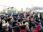 Students stage a protest against the alleged erroneous results of the Railway Recruitment Board's Non-Technical Popular Categories (RRB NTPC) exam 2021, at Patna-Gaya railway track, in Jehanabad on Wednesday. (ANI Photo)