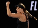 Danielle Collins of the U.S. reacts during her semi final match against Poland's Iga Swiatek.