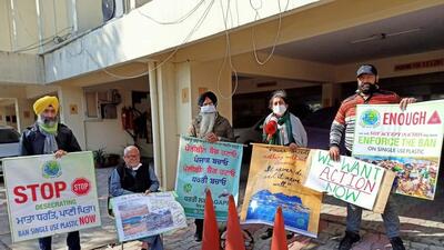 Members of different NGOs protesting outside PPCB office over the body’s failure to stop the production of banned plastic bags. (HT File) Members of different NGOs protesting outside PPCB office over the body’s failure to stop the production of banned plastic bags. (HT File)