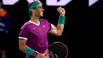 Rafael Nadal of Spain celebrates after defeating Matteo Berrettini of Italy in their semifinal match at the Australian Open tennis championships in Melbourne, Australia, Friday, Jan. 28, 2022 (AP) Rafael Nadal of Spain celebrates after defeating Matteo Berrettini of Italy in their semifinal match at the Australian Open tennis championships in Melbourne, Australia, Friday, Jan. 28, 2022 (AP)