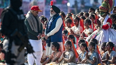 At the event, PM Modi inspected the Guard of Honour, reviewed March Past by NCC contingents, and also witnessed the NCC cadets displaying their skills in army action, slithering, microlight flying, and parasailing as well as cultural programmes. (AFP) At the event, PM Modi inspected the Guard of Honour, reviewed March Past by NCC contingents, and also witnessed the NCC cadets displaying their skills in army action, slithering, microlight flying, and parasailing as well as cultural programmes. (AFP)