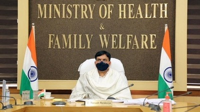 Union minister Mansukh Mandaviya holds a meeting regarding preparedness for the third wave of Covid-19. (ANI)