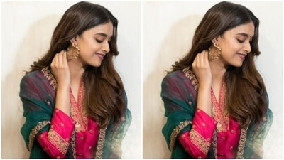 Keerthy played muse to fashion designer house Misri by Meghna Nayyar and picked the colour-coordinated traditional attire. (Instagram/@keerthysureshofficial)