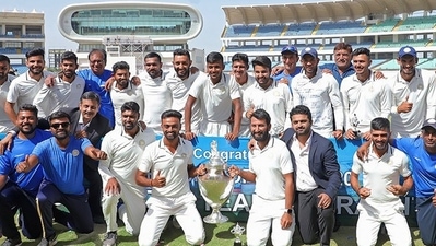 The Saurashtra cricket team after winning the Ranji Trophy. (Saurashtra/Twitter) The Saurashtra cricket team after winning the Ranji Trophy. (Saurashtra/Twitter)