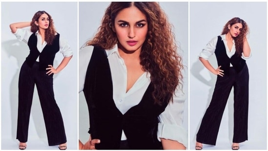 Huma Qureshi has started promoting her upcoming web series Mithya. For a recent promotional event, the actor kept it simple yet trendy in a black and white outfit.(Instagram/@iamhumaq)