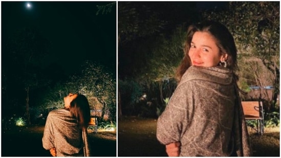 Alia Bhatt has lately been sharing a lot of pictures of herself bonding with nature. In her latest stills, the actor is all smiles as she looks up in the sky and stares at the moon. She also announced the new release date of her upcoming film Gangubai Kathiawadi.(Instagram/@aliaabhatt)