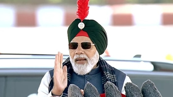 Prime Minister Narendra Modi on Friday attended the National Cadet Corps (NCC) rally at Cariappa Ground, New Delhi wearing a Sikh cadet turban.(ANI)