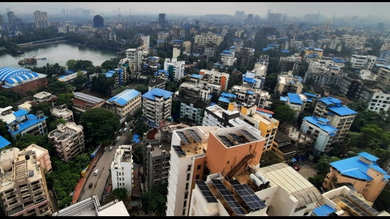 An aerial view of a section of Thane city. The Satellite City is now considered an independent city but it still lacks basic infrastructure. (PRAFUL GANGURDE/HT PHOTO)