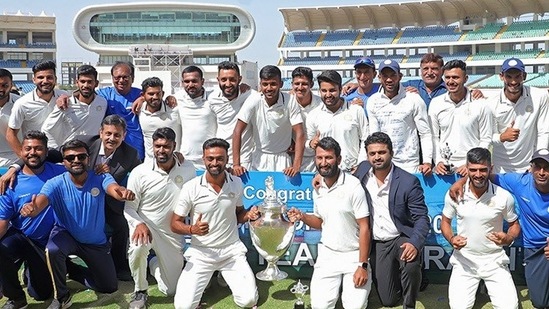 The Saurashtra cricket team after winning the Ranji Trophy. (Saurashtra/Twitter)