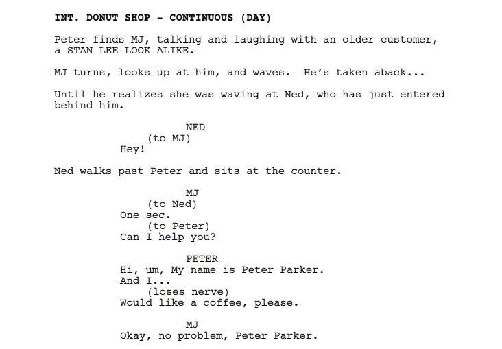 A portion of Spider-Man: No Way Home script detailing the Stan Lee look-alike cameo.