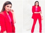 Parineeti Chopra, who has made her television debut as a judge on the show Hunarbaaz Desh ki Shaan, recently graced the show wearing a hot pink pantsuit.(Instagram/@parineetichopra)